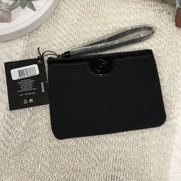 Giorgio Armani Beauty Small Black Leather Trim Soft Cord Knit Ribbed Wristlet - Picture 2 of 9